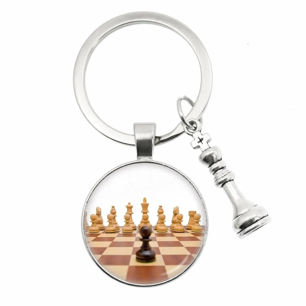 High Quality Chess Keychain Chessboard Chess Piece Glass Dome Pendant Car Chess Keychain