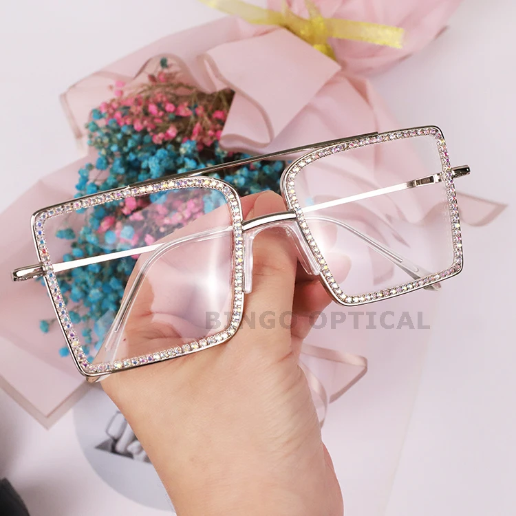 Rectangle Glasses Wholesale Crystal Oversized Bling 2025 Clear Lens Rhinestone Anti Big aperçu 2