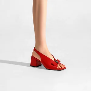 Moncheer Sexy Custom Woman's Square Toe Slingback Ankle Strap Summer Sandals with Bow Block Heel Open Toe