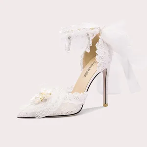 Charming Bridal High Heels with Lace Ankle Strap Large Bowknot Pearl Shell Ornament Elegant Wedding Shoes for Brides