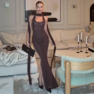 Bettergirl Fashion Hot Selling 2026 Spring Silver Ribbon Long Brown Women Dress Sexy Backless Tight Party Evening Dress