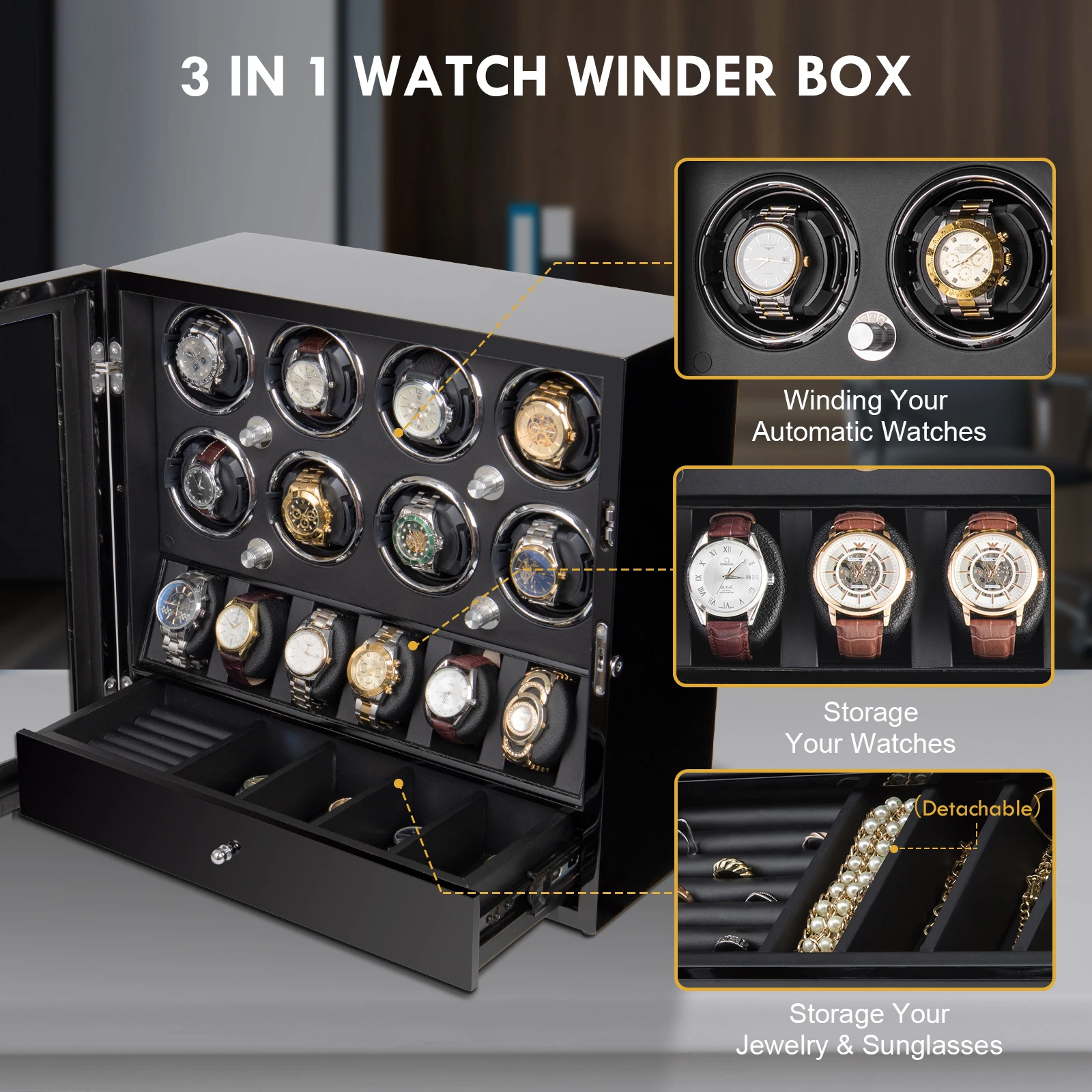 High Quality Piano Black Orbit Wooden Jewelry Box 6+8 Slots Watch