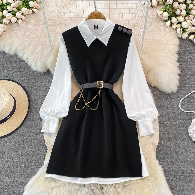 Sleeveless Knitted Chain Vest Dress 