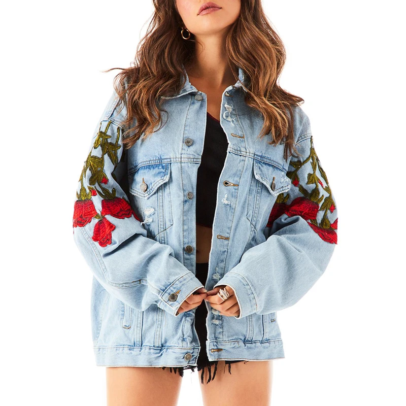 Jacket Custom 2025 Blue Women Rose Embroidery Denim Jacket Oversize  Boyfriend Women Jean Jackets
