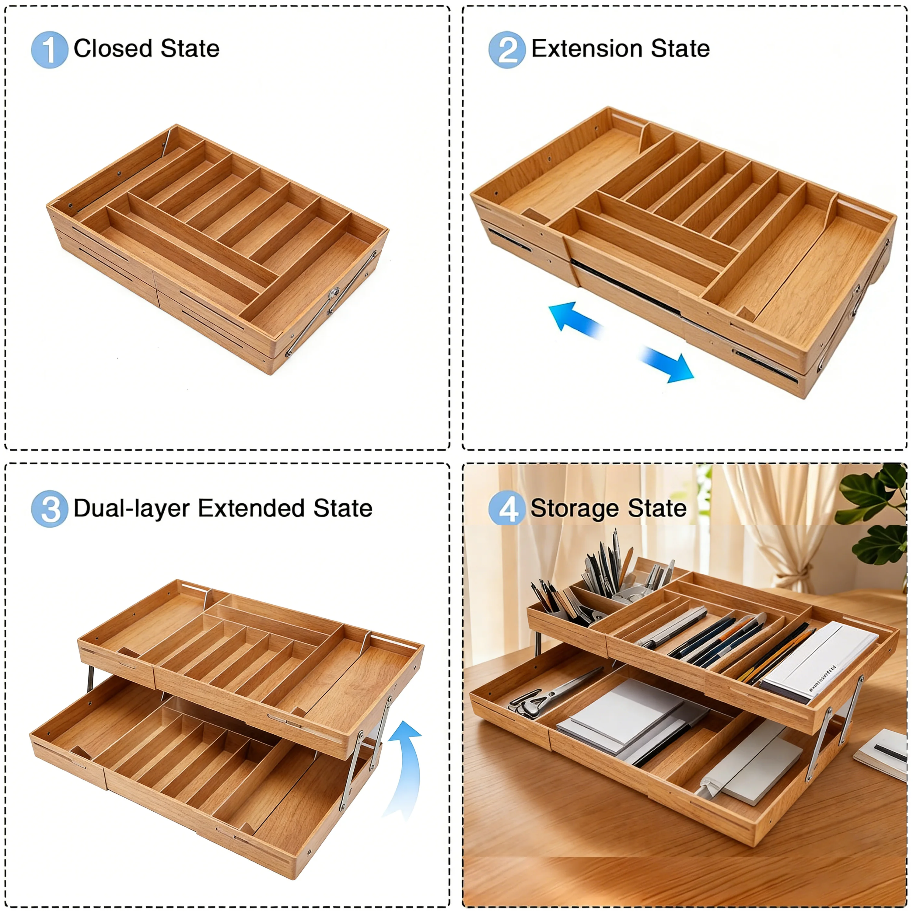 product custom  2 layer expandable tray multifunctional drawer organizer bamboo storage tray adjustable divider for office kitchen-10