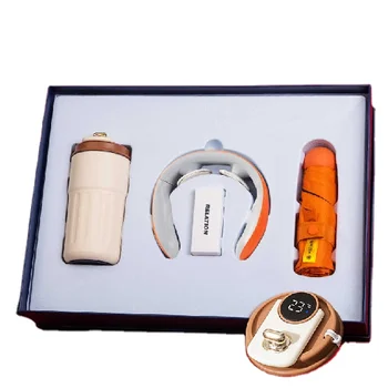 Customized Logo 4-in-1 Business Gift Set for Coffee Earphones Umbrella Power Bank Christmas & New Year Surprises