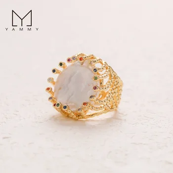 High Quality 18K Gold Plated Copper Ring,Baroque Pearl Colorful CZ Diamond Beads Rings