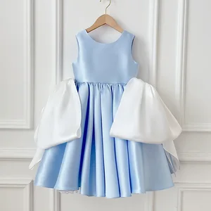Girls Chic Elegant Light Blue Solid Satin Sleeveless Knee-Length Princess Gown Detachable White Cape Pleated Skirt Floral ODM