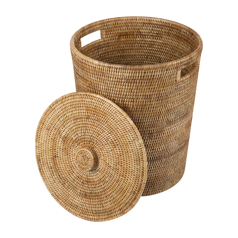 Natural Handmade Round Rattan Woven Waste Baskets With Lid Wicker Plant ...