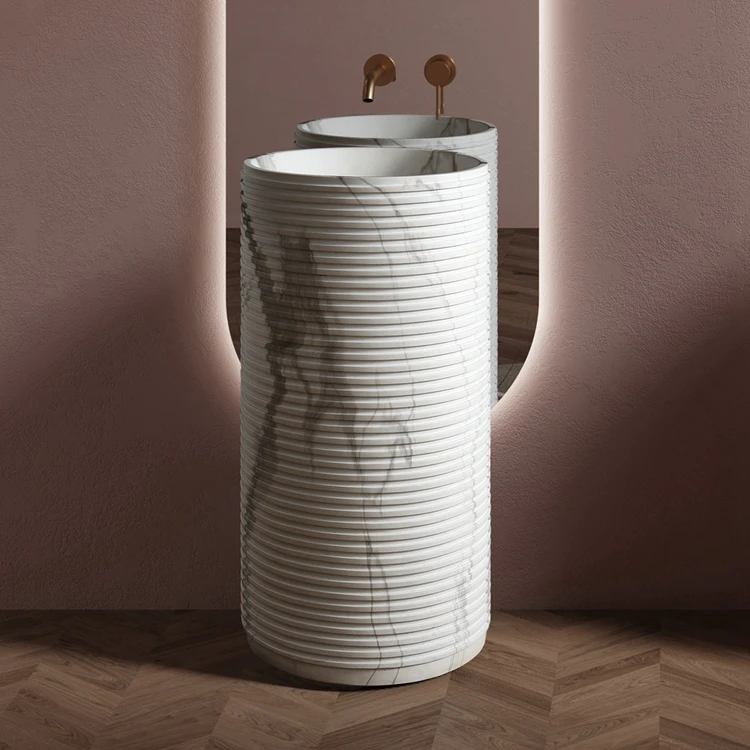 Designer's Favorite Marble Pattern Bathroom Basin Sink Volaks Free Standing Round Wash Basin Artificial Stone Hotel Vessel Sink