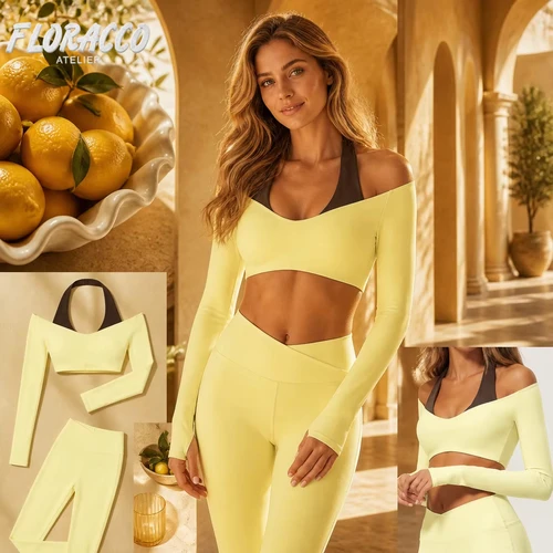 Breathable Faux Two Piece Long Sleeve Deep V Neck Crop Top With Color Blocking and Elastic Stretch