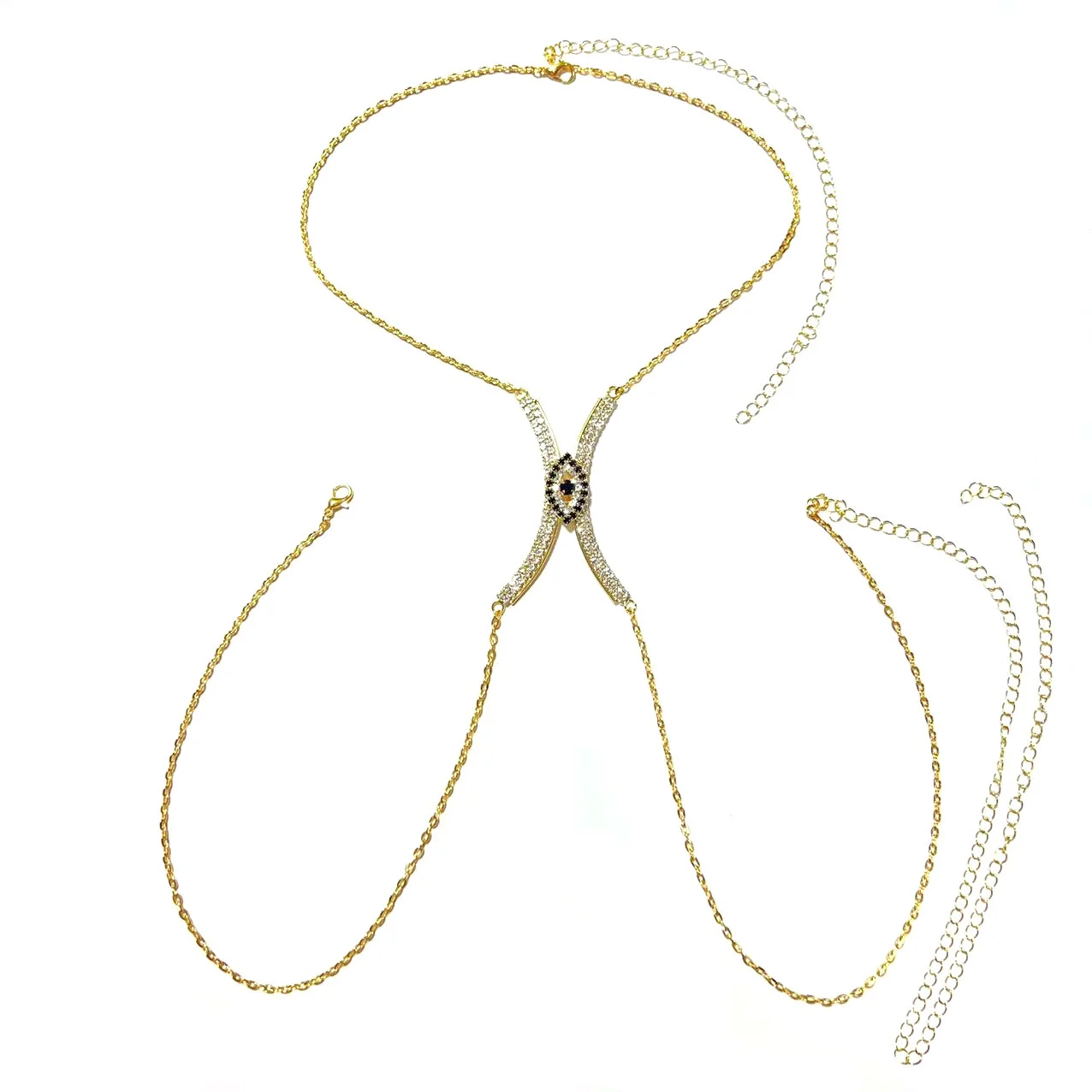 Gold Color Alloy Evil Eye Link Body Chain Full Zircon Crystal Sexy Chest Holder for Weddings Parties Cute Body Engagement