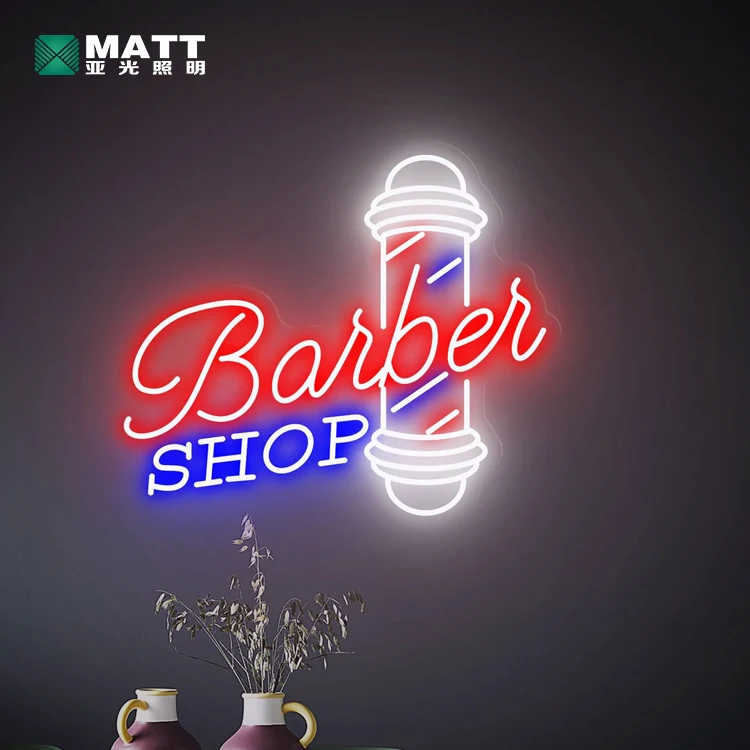 Planzo Barber Shop Neonschild – LED-beleuchtetes Geschäftsschild Für Friseursalon & Studio | 40 Cm, Blau/Rot, 5V USB