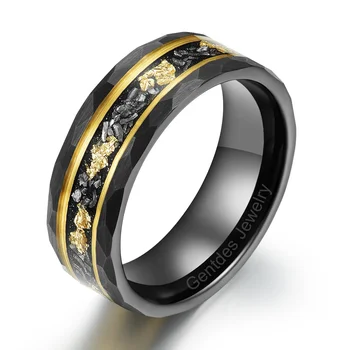 Gentdes Jewelry Wholesale Rings Jewelry 8MM Men Ring Hammered Band Meteorite and Gold Leaf Tungsten Ring