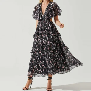 New Trend Design V-neck Cut Out Comfy Summer Casual Sexy Ladies Floral Dresses for Women