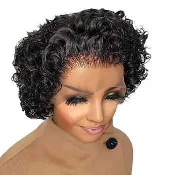 13*4 Frontal Pixie Water 100% Virgin Brazilian Human Hair Short Length Transparent Lace Mixed Color Wig