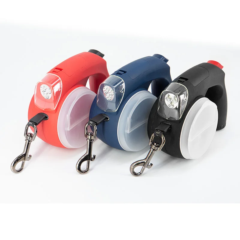 Automatic Multi-Functional LED Retractable Dog Leash Poop Bag Dispenser Flash Light Storage Bowl Leather Material Printed