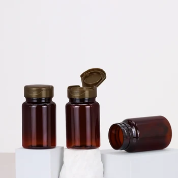 Customizable Logo Printing Brown 100ml PET Flip Top Cap round Empty PP Plastic Solid Powder Bottle for Medicine or Food