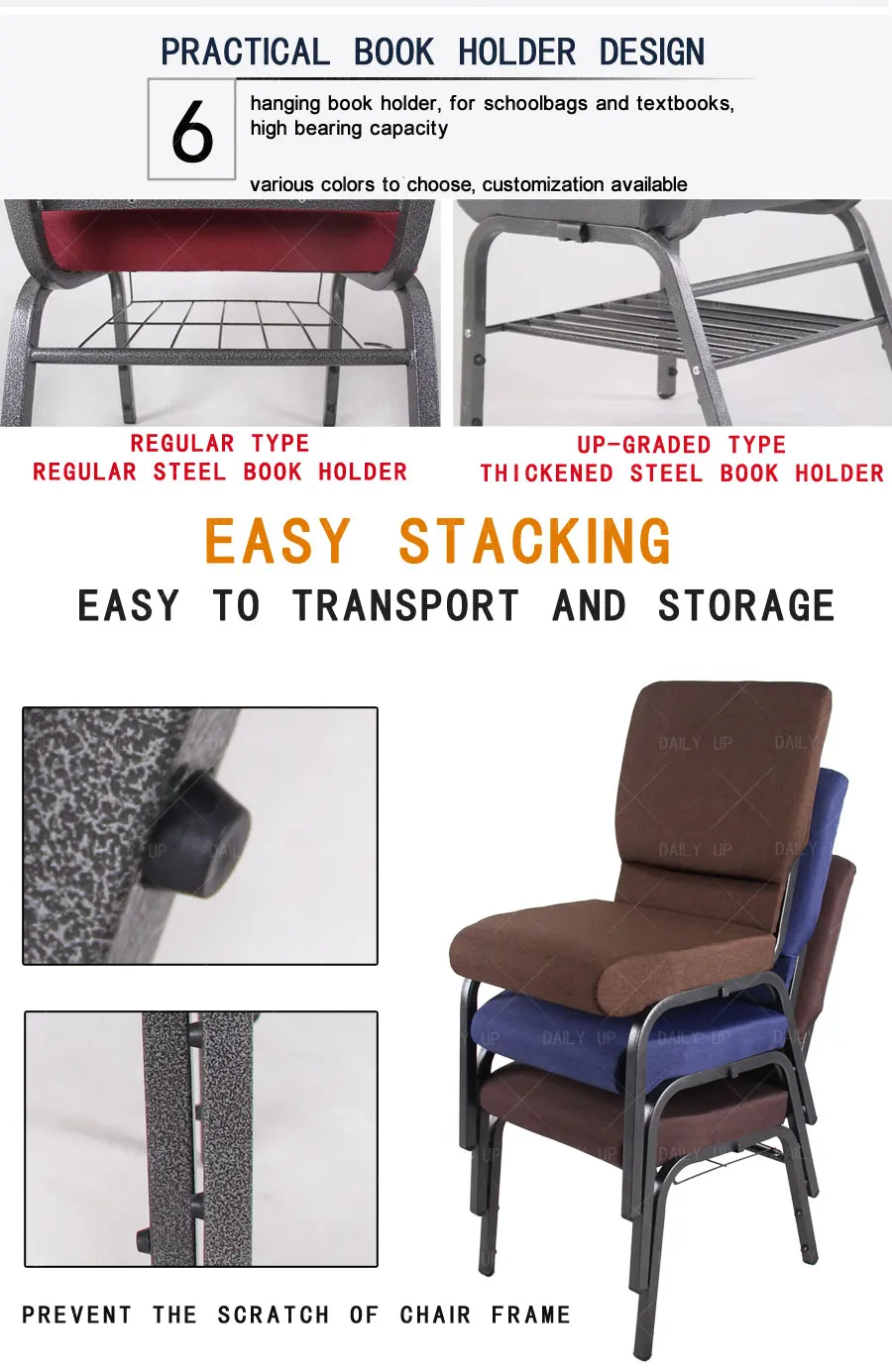 Upholstered Church Pray Chair With Armrests Metal Frame Theater Chair With Customization Logo Padded Auditorium Chair