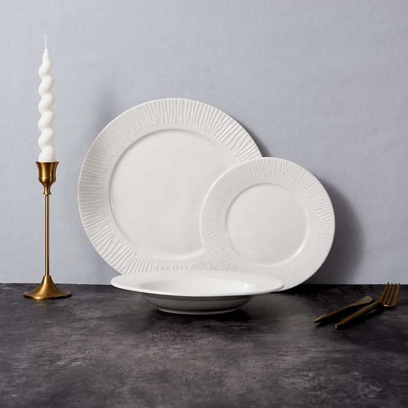 Hot-Selling Customizable Luxury White Stoneware Dinner Plate Set Embossed Porcelain Tableware for Hotels Durable Feature