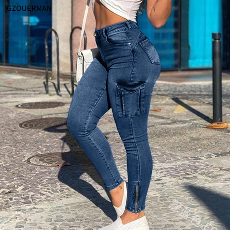 2022 New Style Denim Jeans For Women Zipper Leg Pockets Elastic Overalls  Whitened Trousers Pants Pencil Jeans - Buy Denim Jeans Women,Women's Lady  