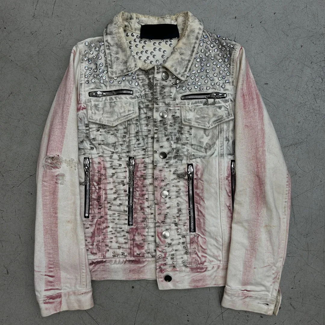 Producent: niestandardowa kurtka jeansowa z pełnym pokryciem kamejek, ciężka, precyzyjnie wykonana, w stylu vintage z efektem zużycia i prania, punkowy styl dla mężczyzn, z efektem rozdartego materiału, OEM