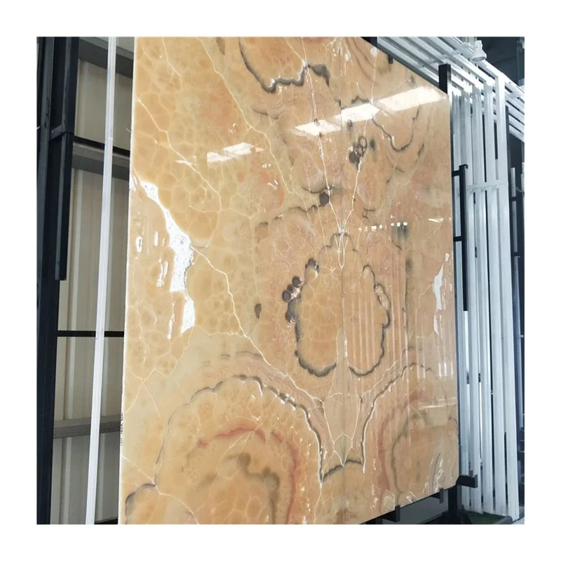 Morden style customized natural transparent lighting book match orange yellow onyx for indoor design