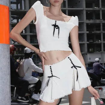 2025 Two-Color Bowknot Patchwork Lace Top and Short Half Skirt Set for Spring/Summer