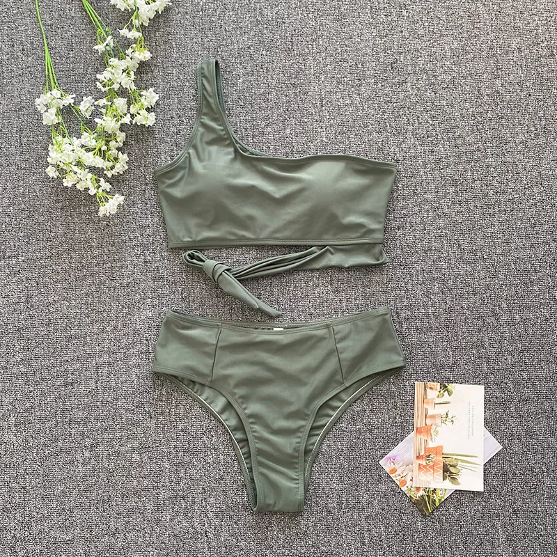 2022 STOCK 8Colors XXL Swimwear One Shoulder Ties Sexi Woman High Waist Plus Size Bikini Swimsuit
