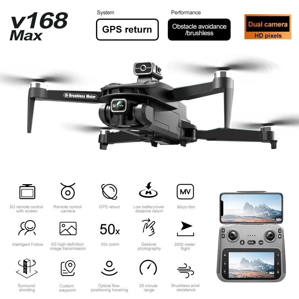 V168 MAX GPS Drone 4K with Camera Brushless Outdoor Prosumer Drones Obstacle Avoidance UAV FPV Dron with Screen