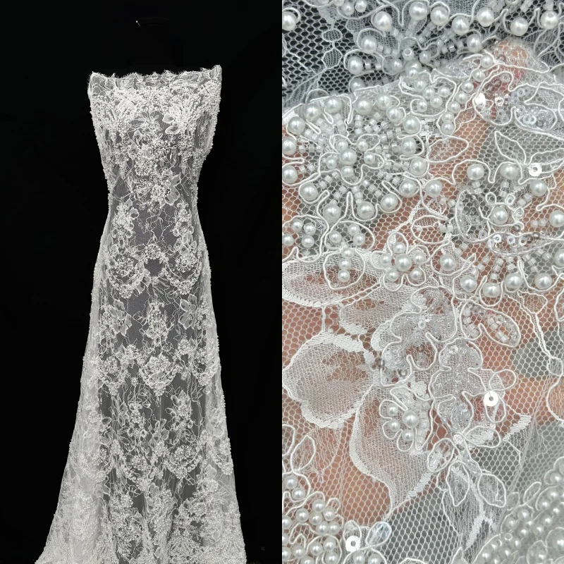 Luxury African Handmade Ivory White Bridal Embroidery Mesh Lace Fabric  Beaded Lace Fabrics with Pearls for Wedding Dress