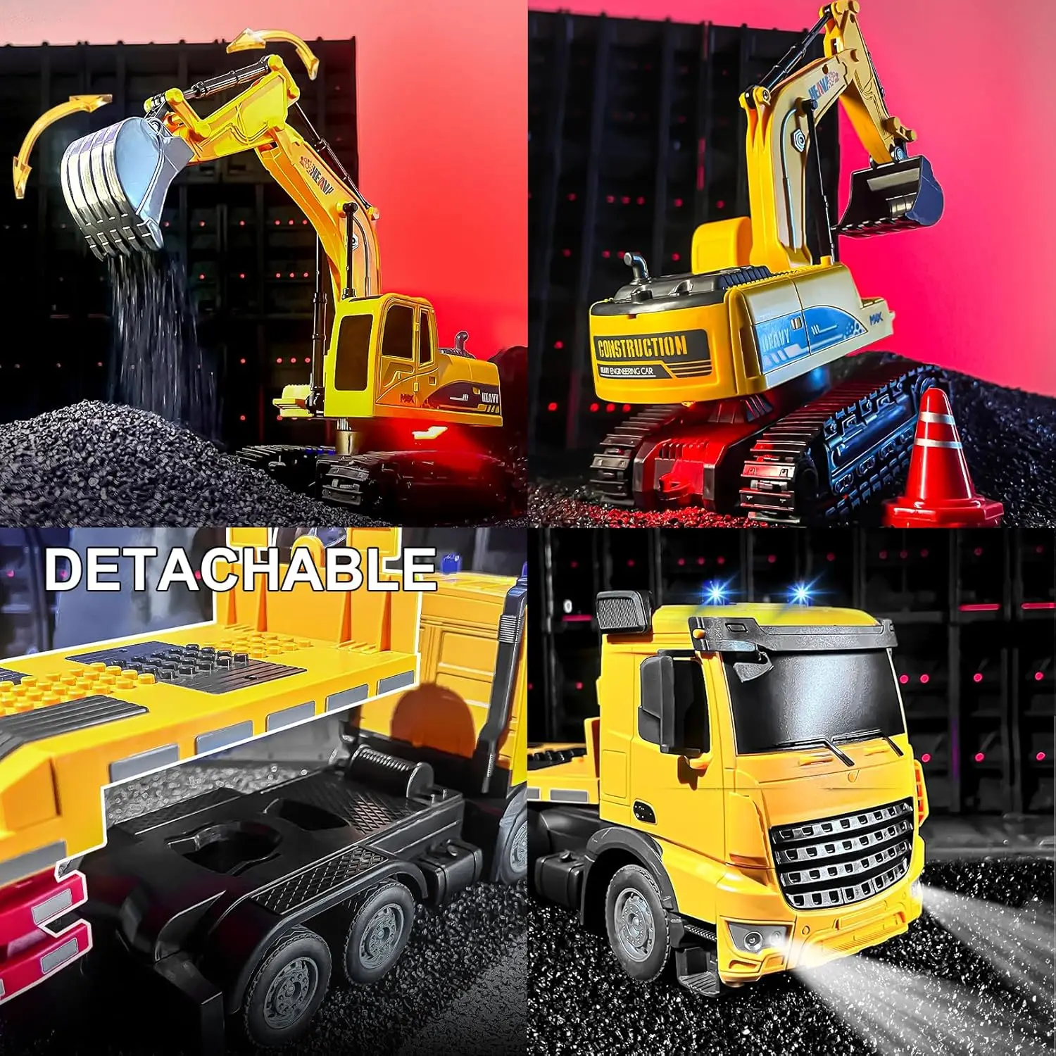 Lischwert - Set De 2 Engins De Chantier RC : Pelle Et Camion Benne 1:24 Avec Lumières Et Sons, Jouet Pour Enfants De 3 à 12 Ans
