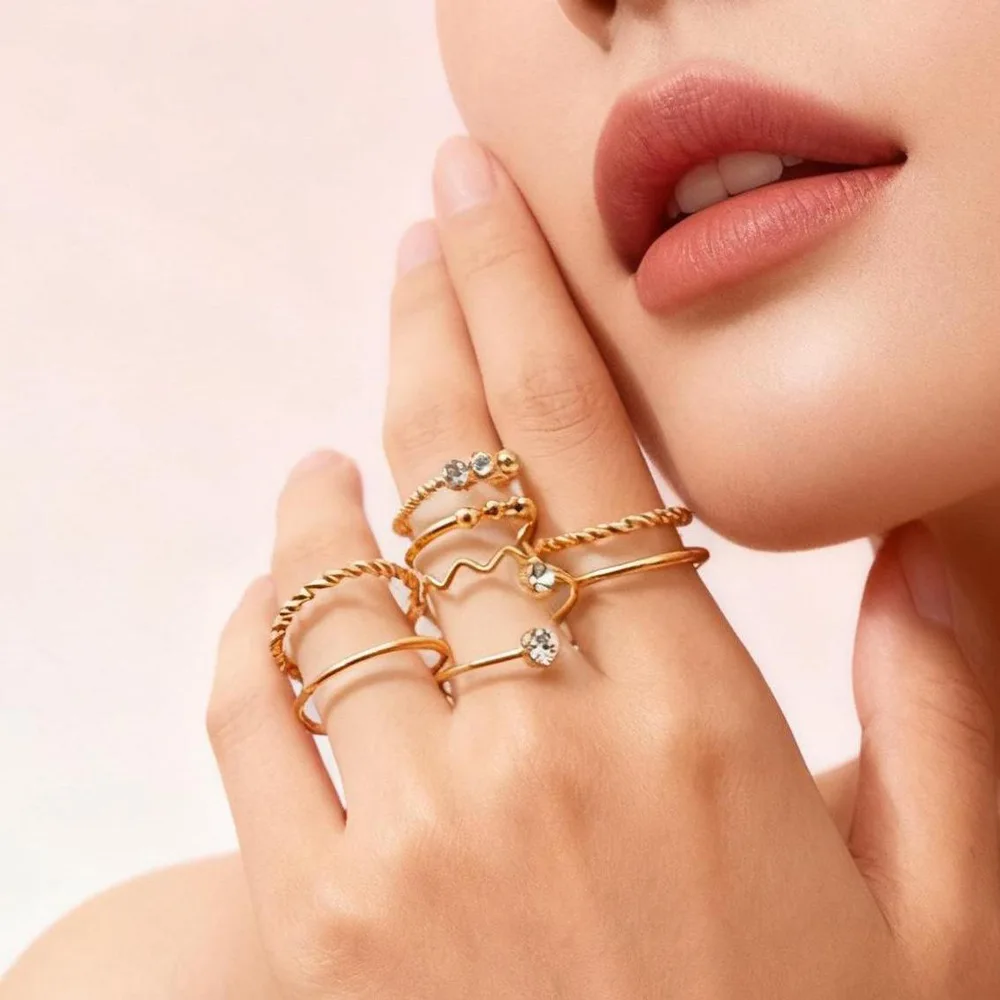 2026 Korean Jewelry Cross-border Full-Diamond Spiral Layered Wearing Electroplating Fashion-Like Charm Women's Ring Set