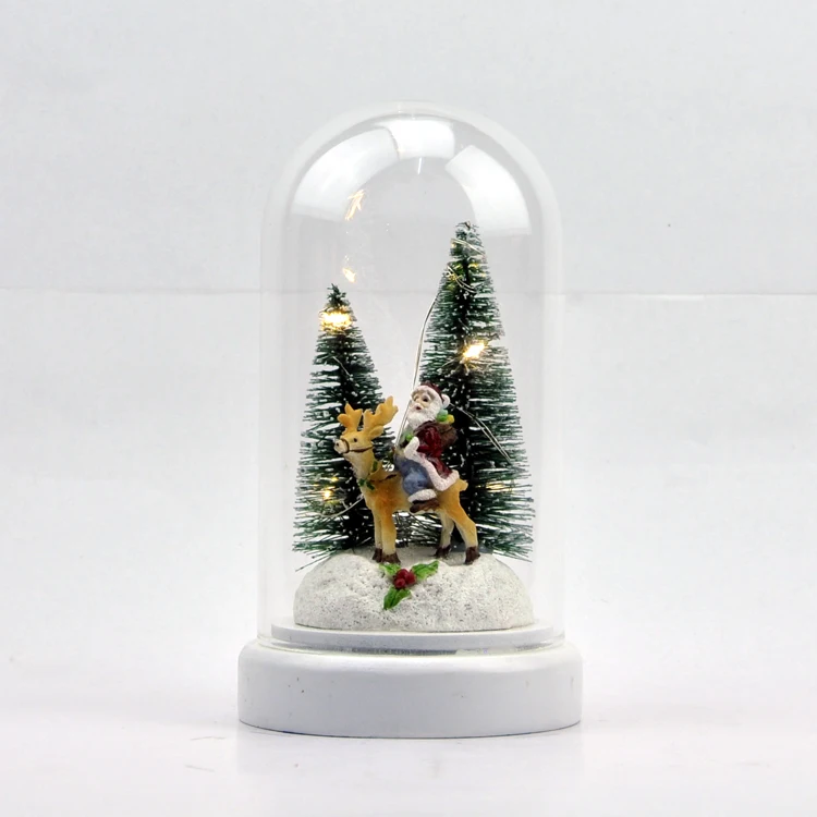 Christmas tree santa clause deer in battery powered led lights up xmas glass cloche dome with wooden base