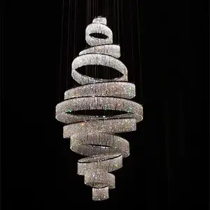 Decoration Luxurious Hanging Spiral Chandelier Staircase Large Long Modern Ring K9 Crystal Pendant Light