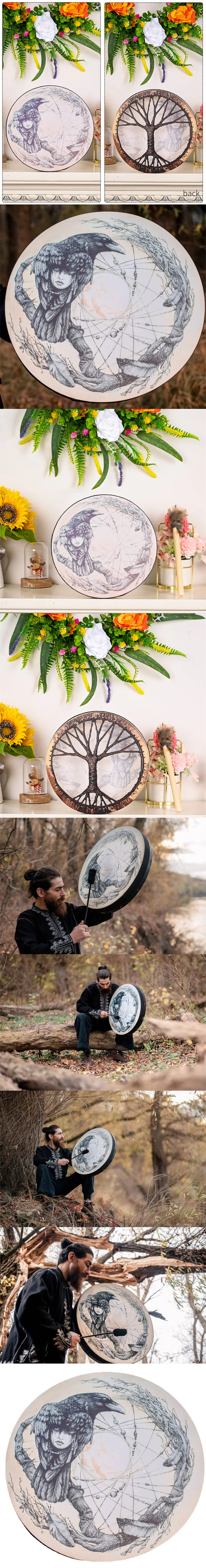 Shaman Vegan Hand Frame Raven Drum Sacred Druid Native Tambourine Sound