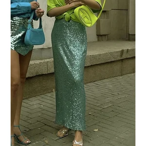 New S-3XL Summer Fashion Sparkle Women Long Skirt Glitter High Waist Loose Elegant Club Long Skirt Sequin Female Sexy Maxi Skirt