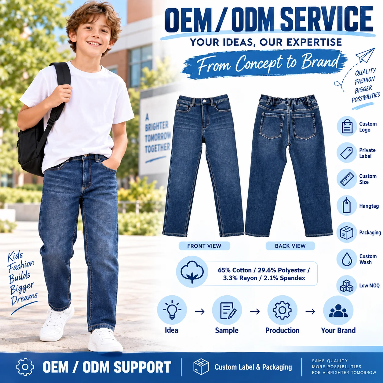 OEM ODM boys Denim Jeans Boys Light Blue Straight Fit Casual Breathable Eco-Friendly Garment Dyed Cotton Washed Pants Custom