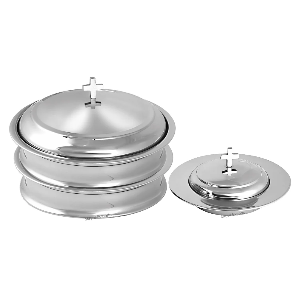 Eco-Friendly Sustainable Recyclable Durable Stainless Steel Holy Communion Set 2 Wine Serving Trays Covers Bread Plate Mirror