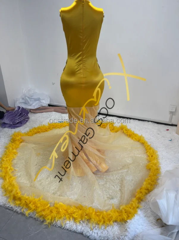 Ocstrade Luxury Gold Rhinestone Diamond Sequin Feather Train Loose Fitting  Women Mermaid Prom Dresses Ball Gown 2024 Elegant