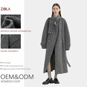 Women's Long Winter Coat Stand Collar Double-Breasted Woolen Fabric with Button