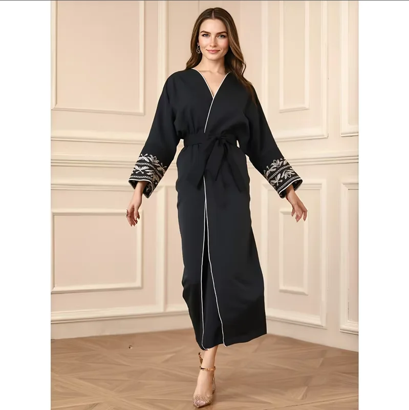 Long Sleeve Abayas With Belt Islamic Clothing Tassel Embroidery Maxi Dress Women Jilbabs Open Front Abaya Muslim Kaftans