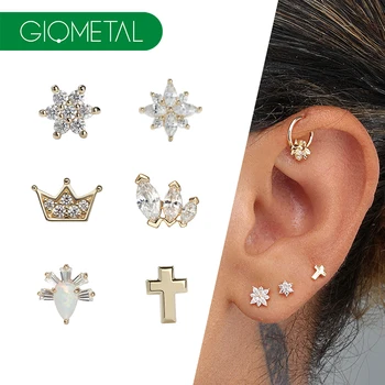 Giometal New Earrings 14KT Solid Gold Crown Flower Marquise Crucifix Threadless Ends with Gemstone Hexagram Body Jewelry Factory