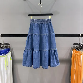 Elastic High Waist Medium Length Denim Skirt For Women Summer Thin Loose Crotch Covered A-shaped Cake Skirt for spring