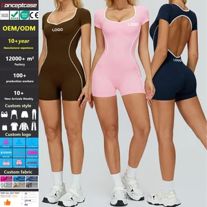Custom Fabric Style Color Logo Yoga Clothes Set Short Tight Backless Bodysuit Women Gym Workout Running Yoga Wear Sport Jumpsuit