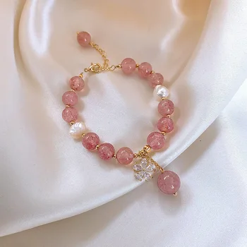 High Quality Wholesale Newest Freshwater Pearl Strawberry Crystal Bead Gold Genuine 18K Bracelet