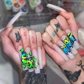 Punk Graffiti Long Nails Detachable Manicure Fake Nail Stickers Halloween Finger ABS Hand Nails Artificial Full Cover