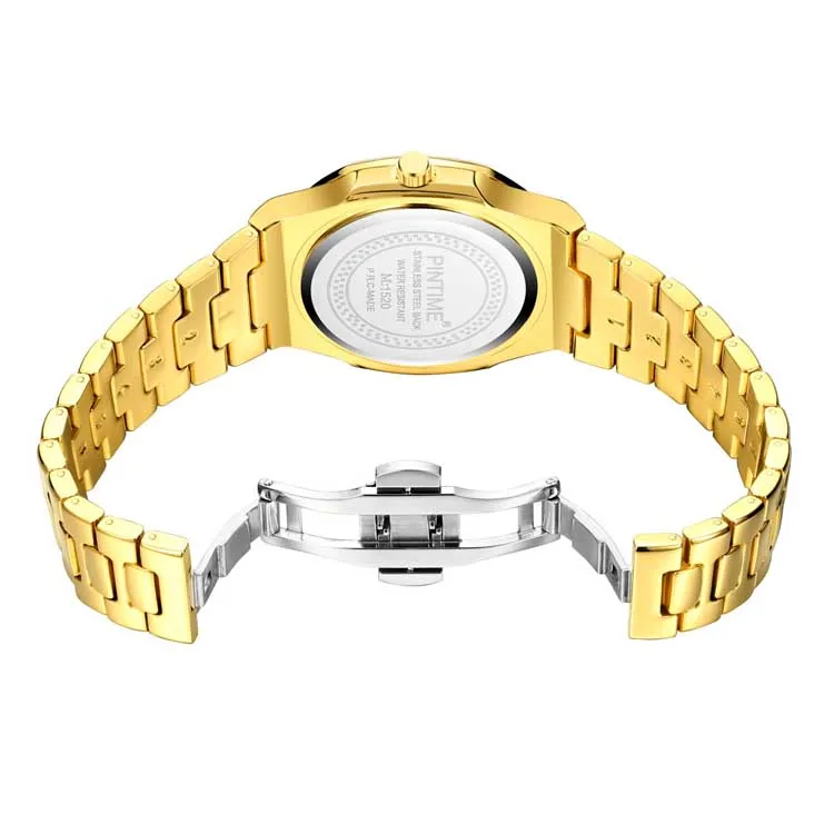 PINTIME PT1520 Stylish Gold Unisex China Quartz Watch Vintage Steel Band Waterproofing Watch Date Display Business Watch Design