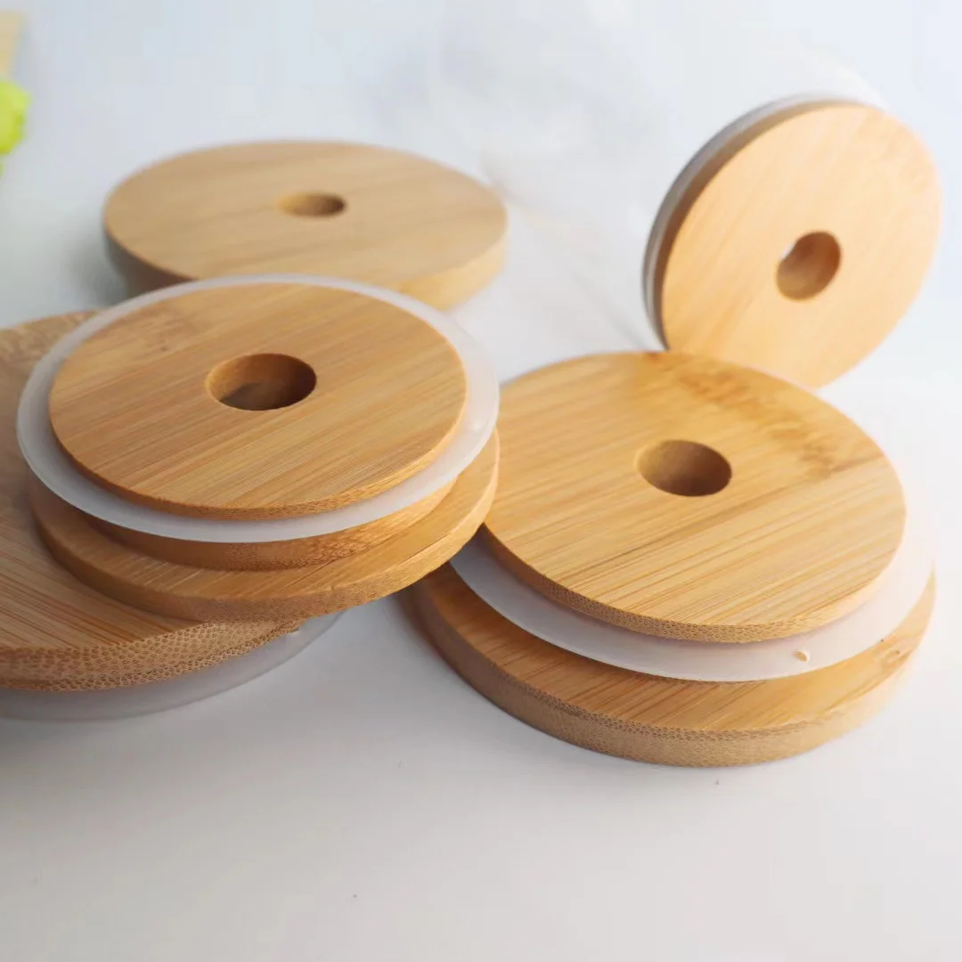 Customized 16oz Mason Jar Bamboo Lid With Hole Reusable Bamboo Caps ...