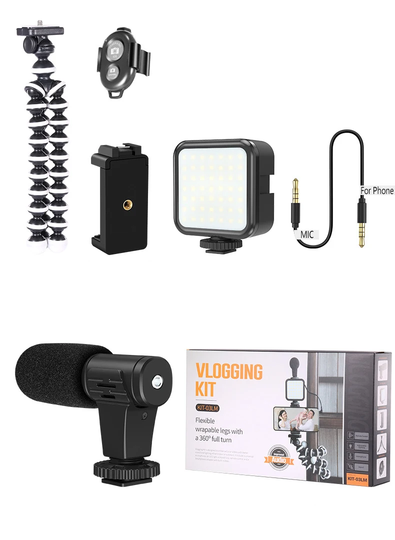 KIT-03LM Smartphone Vidéo Microphone Filaire Support de Téléphone Trépied Support Lumière LED Kits de Vlogging Micro pour Youtube TikTok Live